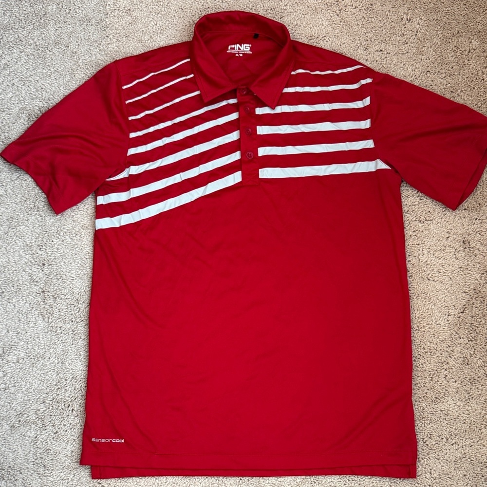 Ping Men's Red and White Striped Polo Shirt